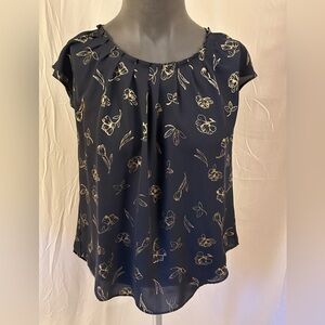 Flowy Semi-Sheer Black & Gold Flutter Dress Career Work Top (Size M)